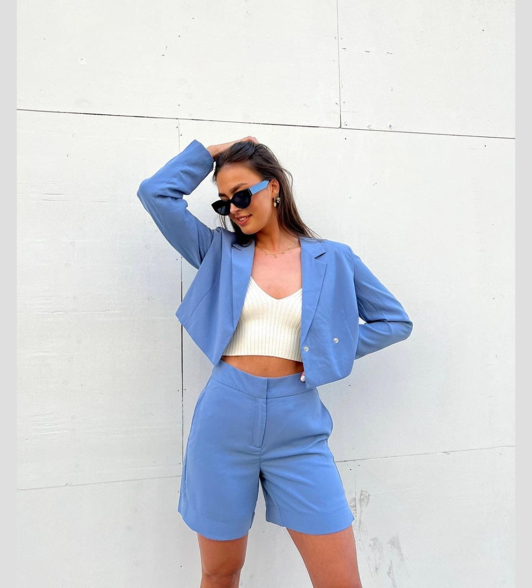Blue cropped blazer shop