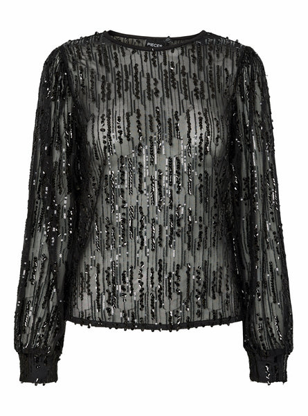 Pieces Sequin Sheer Blouse in Black