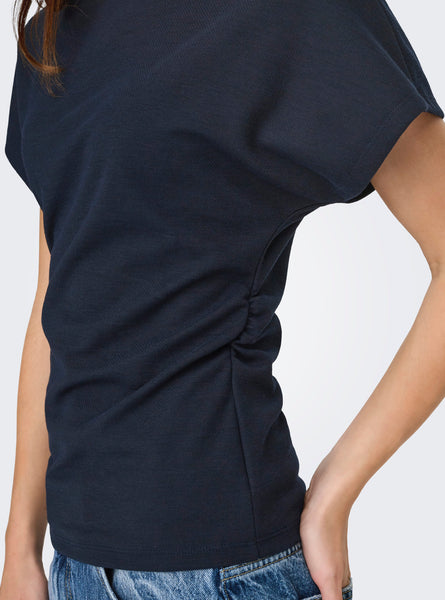 Only Round Neck Cinched Waist T-Shirt in Navy