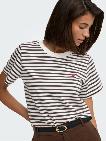 JDY Short Sleeve Heart Tshirt In Brown Stripe