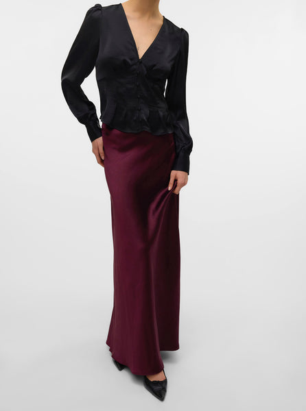 VM High Waist Satin Maxi Skirt in Wine