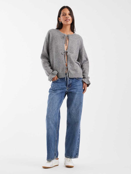Pieces Tie Front Frill Cuff Cardigan In Grey