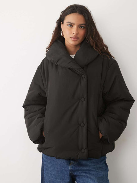 Pieces Padded Coat With Exaggerated Collar In Black