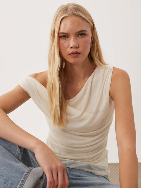 Vila Off The Shoulder Ruched Mesh Top In Cream