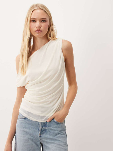 Vila Off The Shoulder Ruched Mesh Top In Cream
