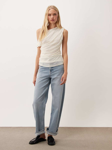 Vila Off The Shoulder Ruched Mesh Top In Cream