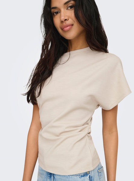 Only Round Neck Cinched Waist T-Shirt in Pumice Stone