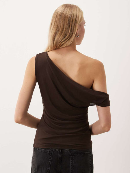 Vila Off The Shoulder Ruched Mesh Top In Brown
