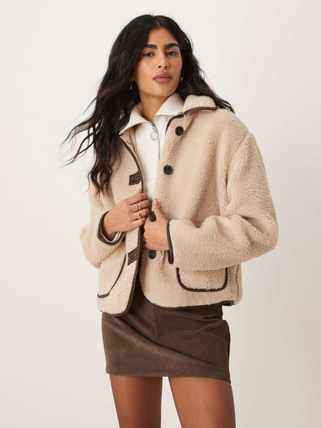 JDY Contrast Trim Teddy Jacket In Cream
