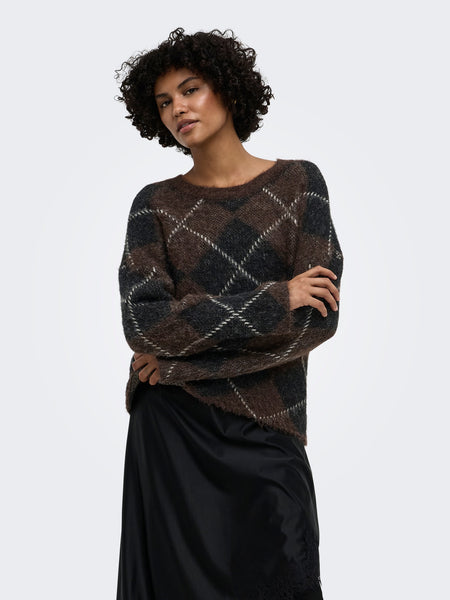 Only Long Sleeve Argyle Knit Jumper In Chocolate Brown