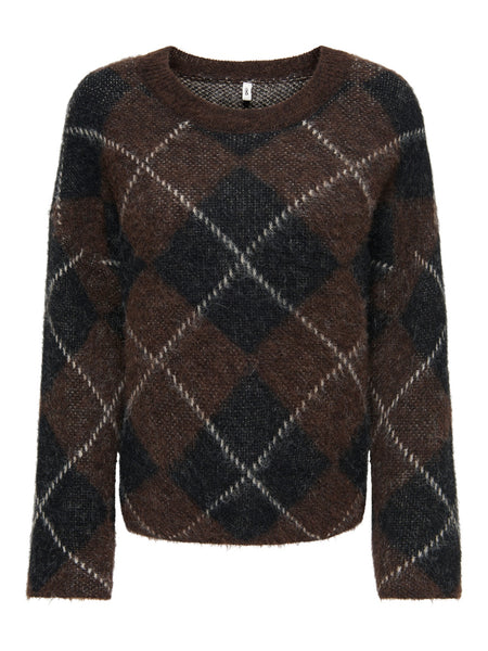 Only Long Sleeve Argyle Knit Jumper In Chocolate Brown
