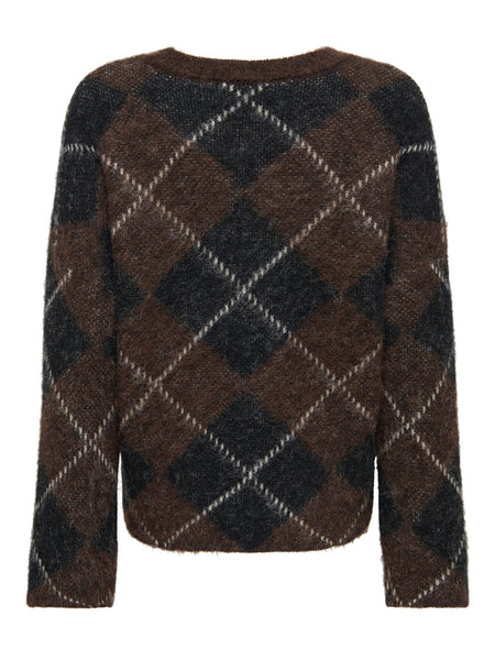 Only Long Sleeve Argyle Knit Jumper In Chocolate Brown