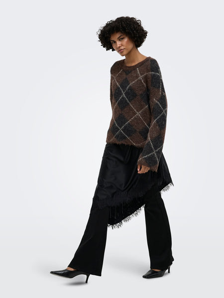 Only Long Sleeve Argyle Knit Jumper In Chocolate Brown