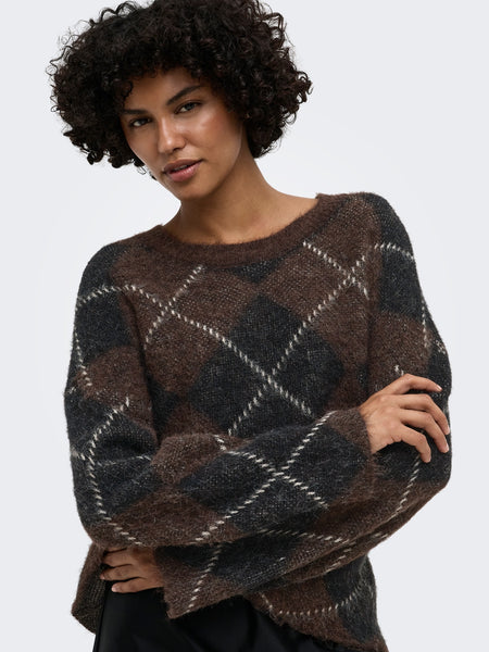 Only Long Sleeve Argyle Knit Jumper In Chocolate Brown