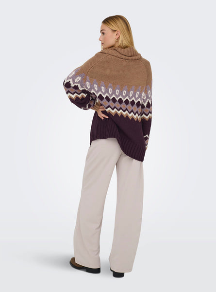 Only Chunky Fairisle Roll Neck Knitted Jumper in Burgundy