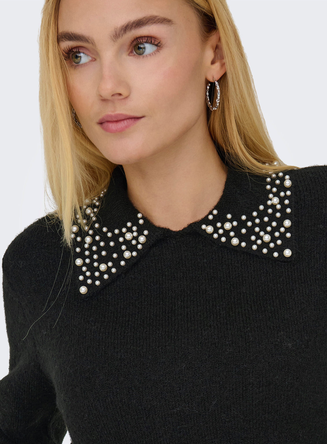 JDY Pearl Detail Collared Knit Jumper in Black