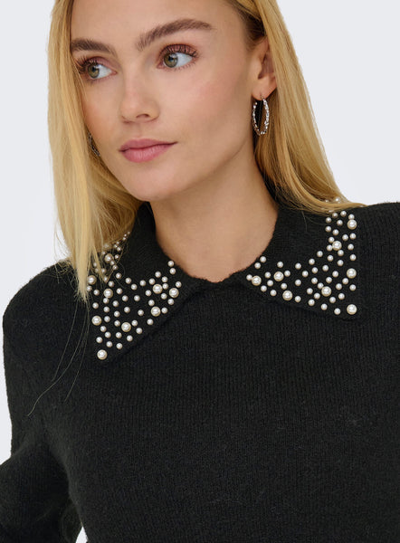 JDY Pearl Detail Collared Knit Jumper in Black