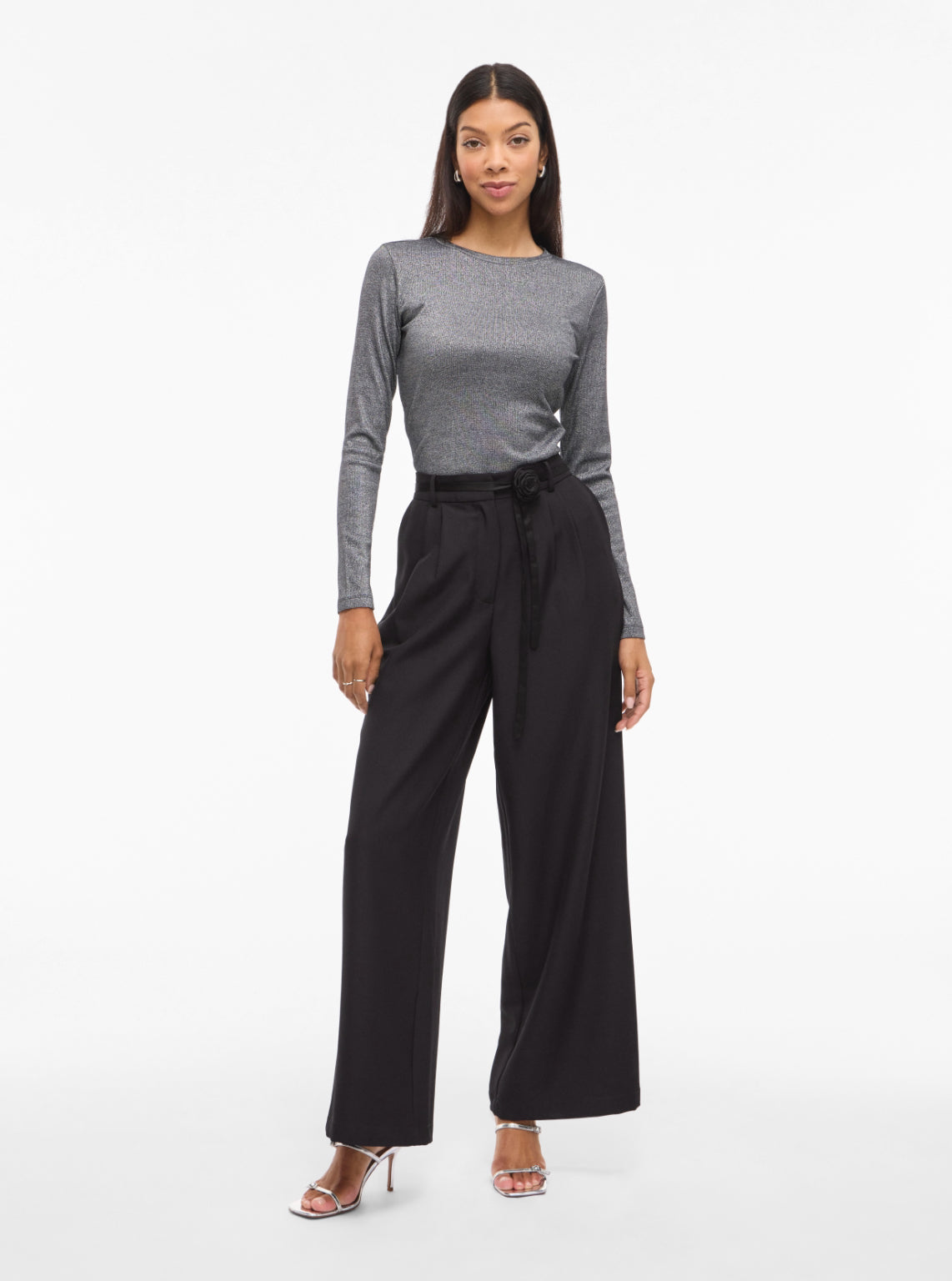 Vila High Waisted Wide Leg Rosette Detail Trousers In Black