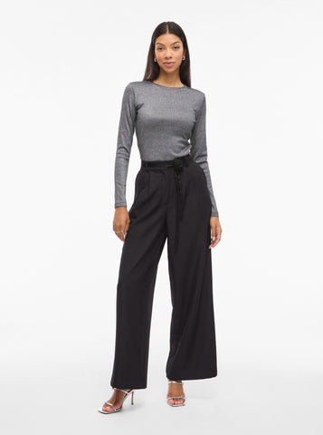 Vila High Waisted Wide Leg Rosette Detail Trousers In Black