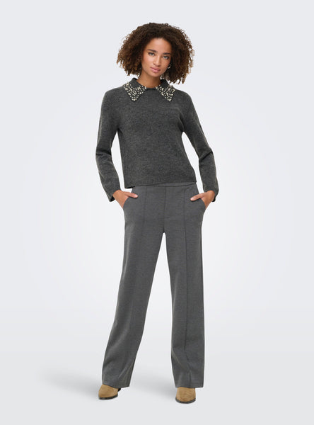 JDY Pearl Detail Collared Knit Jumper in Grey