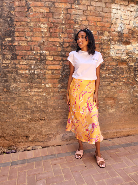 VM Orange Abstract Satin Midi Skirt