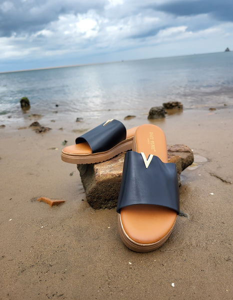 Black Faux Leather Chunky V Sliders