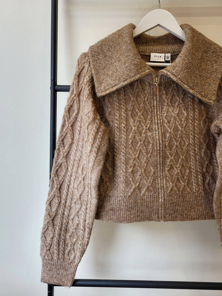 Vila Cable Knit Zip Front High Neck Cardigan