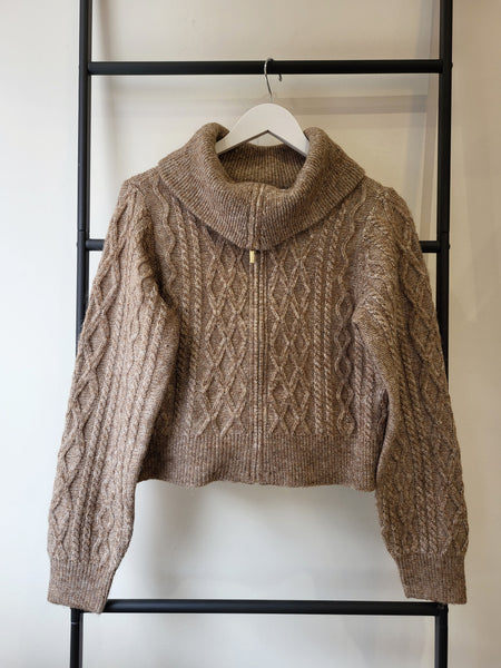 Vila Cable Knit Zip Front High Neck Cardigan
