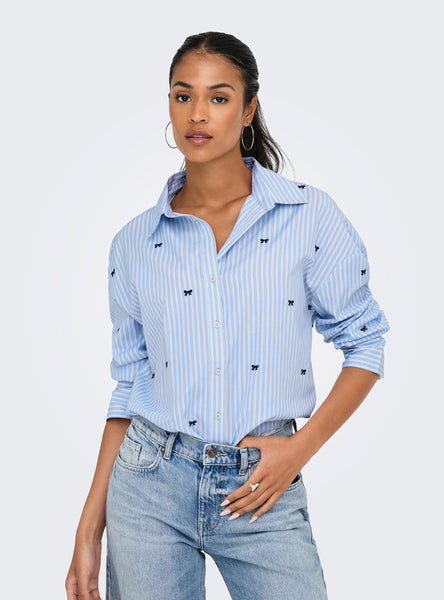 ONLY Oversized Pinstripe Shirt with Embroidered Bow Detail