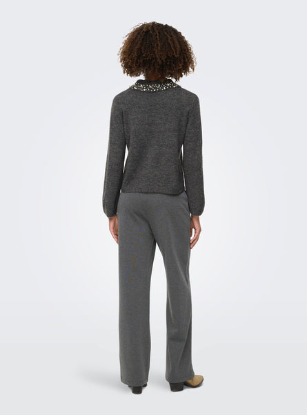 JDY Pearl Detail Collared Knit Jumper in Grey