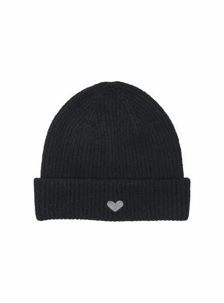 Only Embroidered Heart Knit Beanie in Black