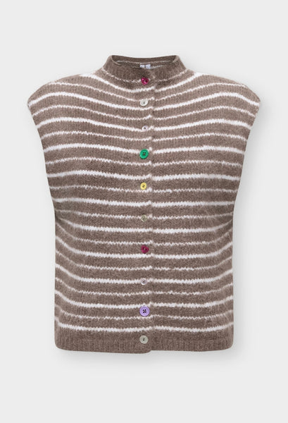 Pieces Sleeveless Button Detail Knit Cardigan In Brown Stripe