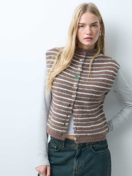 Pieces Sleeveless Button Detail Knit Cardigan In Brown Stripe