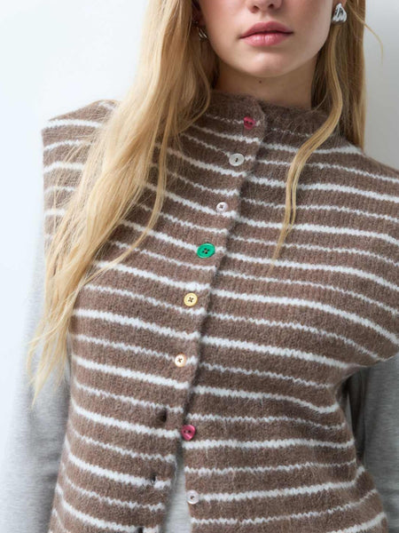 Pieces Sleeveless Button Detail Knit Cardigan In Brown Stripe