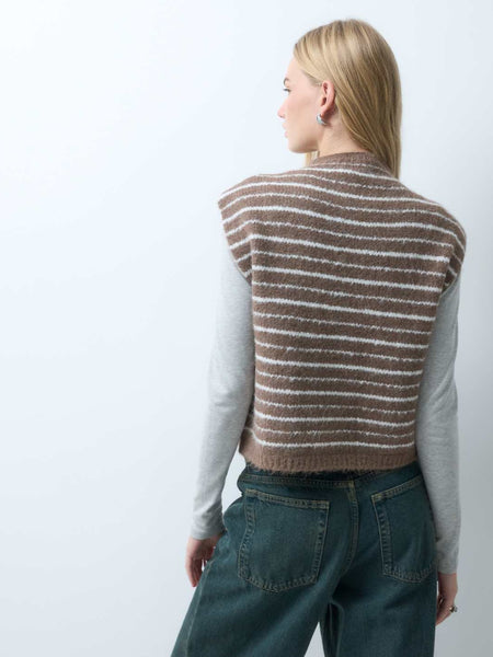 Pieces Sleeveless Button Detail Knit Cardigan In Brown Stripe