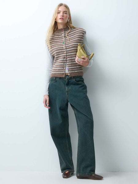 Pieces Sleeveless Button Detail Knit Cardigan In Brown Stripe