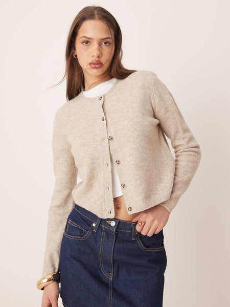 JDY Chloe Crew Neck Cardigan In Beige