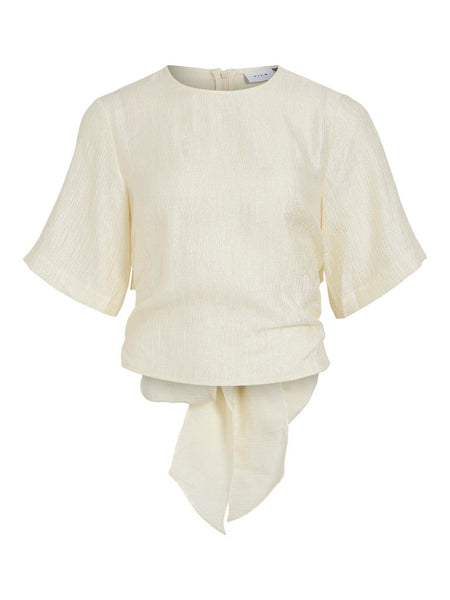 Vila Oneck Tie Back Plisse Short Sleeve Top In Birch