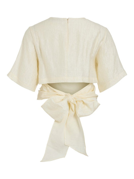 Vila Oneck Tie Back Plisse Short Sleeve Top In Birch