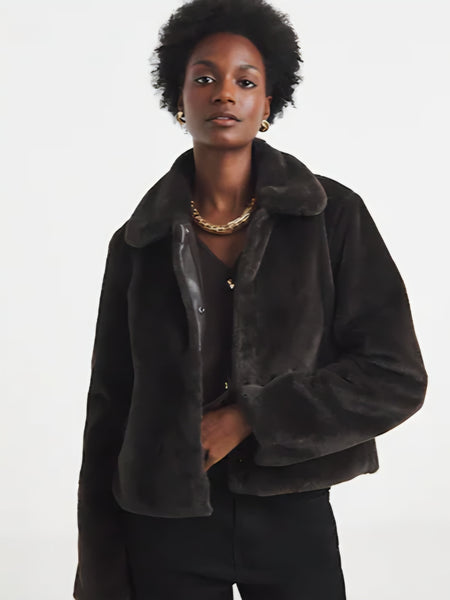 JDY Faux Fur Collared Teddy Jacket In Chocolate Brown