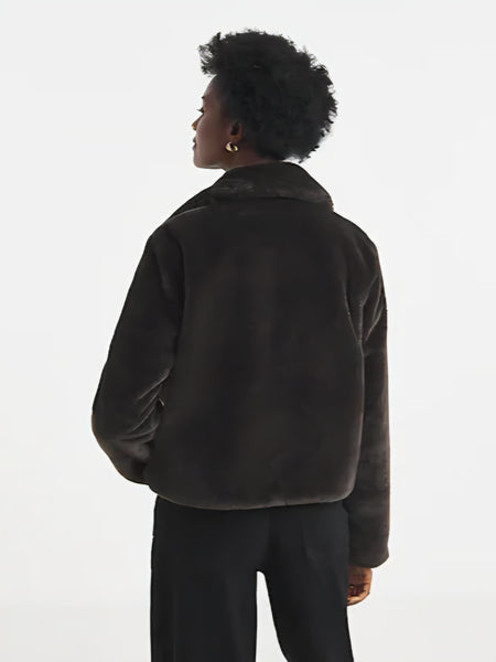 JDY Faux Fur Collared Teddy Jacket In Chocolate Brown
