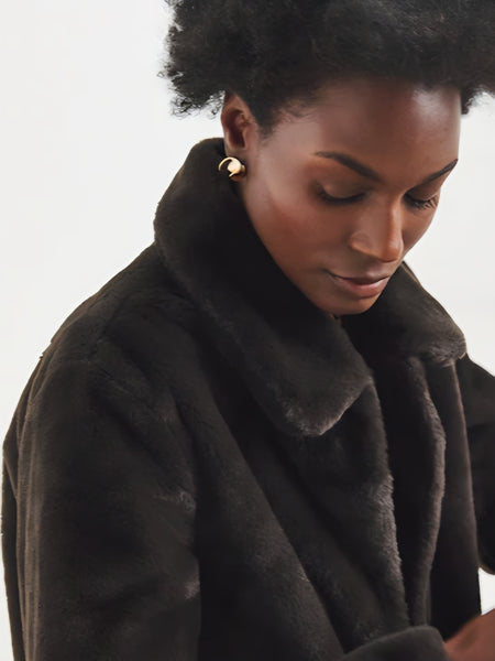 JDY Faux Fur Collared Teddy Jacket In Chocolate Brown