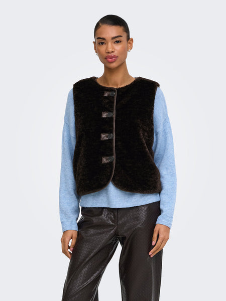 JDY Faux Fur Gilet In Chocolate Brown