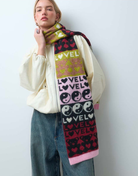 Pieces Retro Love & Peace Knitted Scarf In Multi