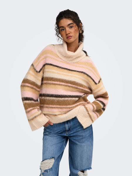 Only Fluffy Roll Neck Stripe Jumper In Beige & Pink