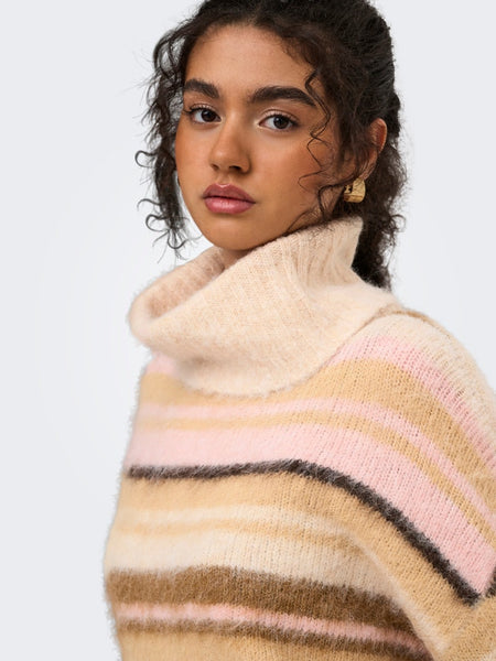 Only Fluffy Roll Neck Stripe Jumper In Beige & Pink