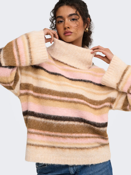 Only Fluffy Roll Neck Stripe Jumper In Beige & Pink