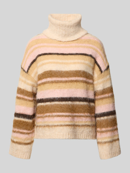 Only Fluffy Roll Neck Stripe Jumper In Beige & Pink