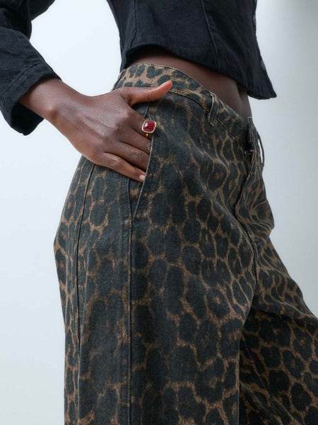 JDY High Rise Barrel Leg Jeans In Leopard Print