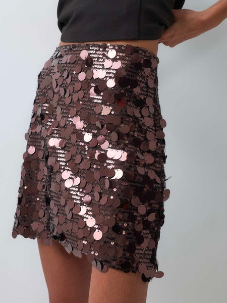 Only High Waist Sequin Mini Skirt In Brown